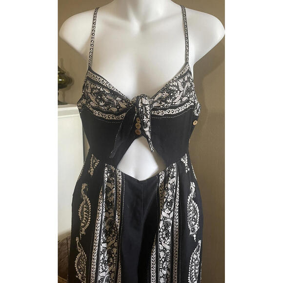 Free People Sz  4 Feel The Sun Linen Wide Leg Jumpsuit Romper Paisley Black - Picture 2 of 9
